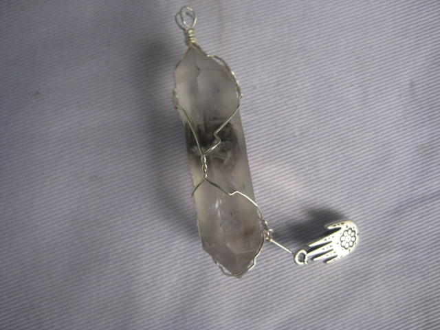 Tibetan Quartz Pendant (with a healing hand charm) spiritual protection and purification, enhancement of meditation, balancing the chakras and meridians, clearing the auric field 3445